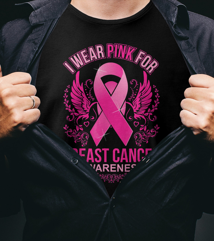 I Wear Pink For Breast Cancer Awareness Ribbon And Wings T-Shirt