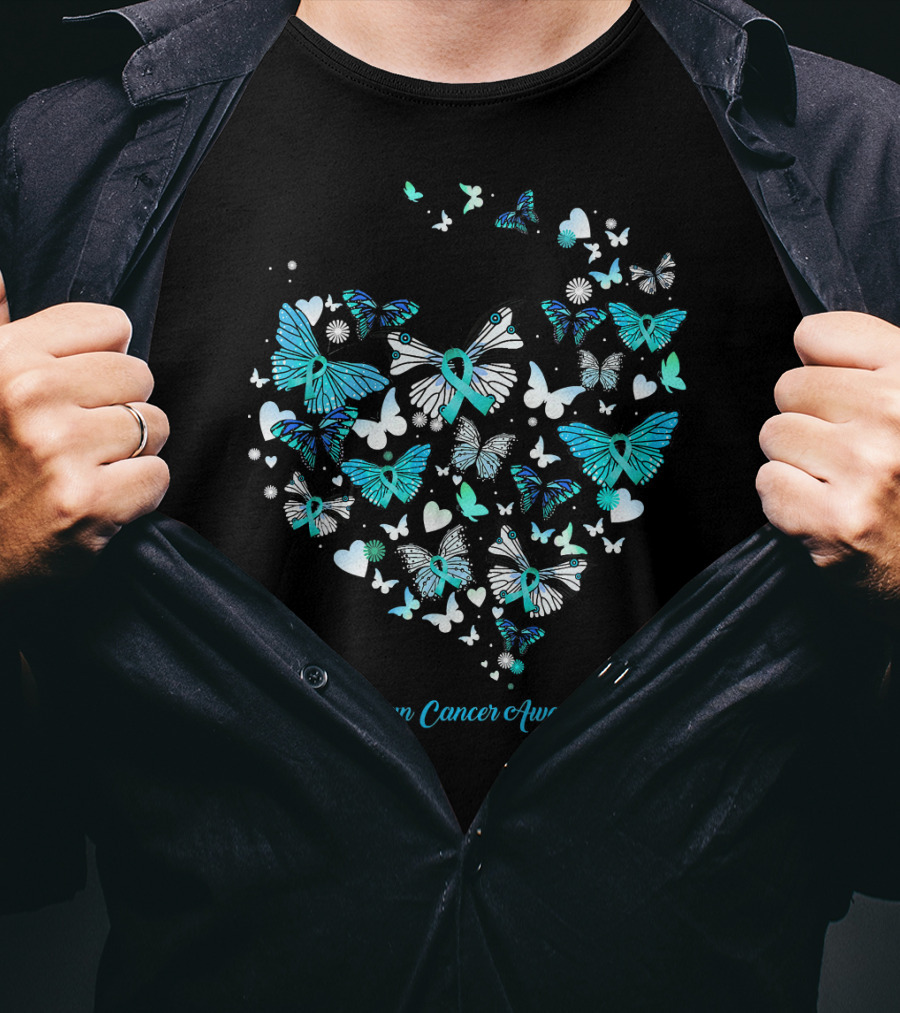 Ovarian Cancer Awareness Butterfly Heart T-Shirt