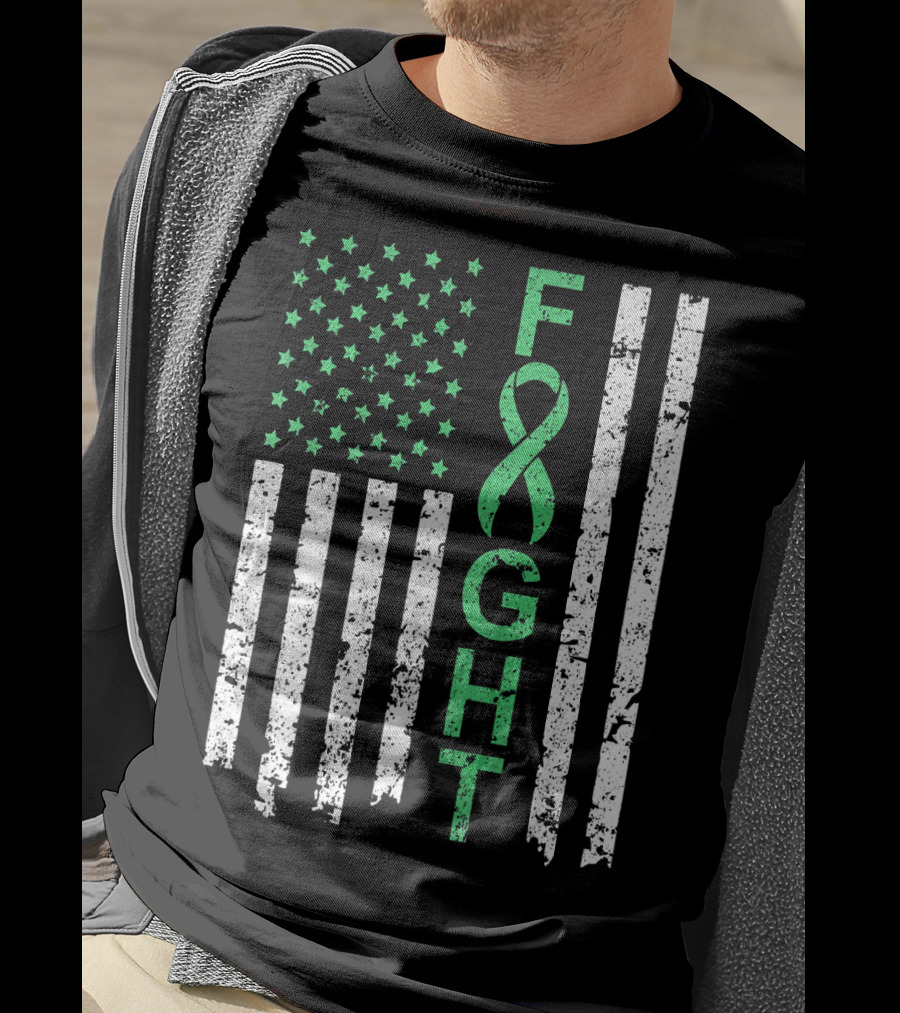 Liver Cancer Awareness Green Ribbon Fight American Flag T-Shirt