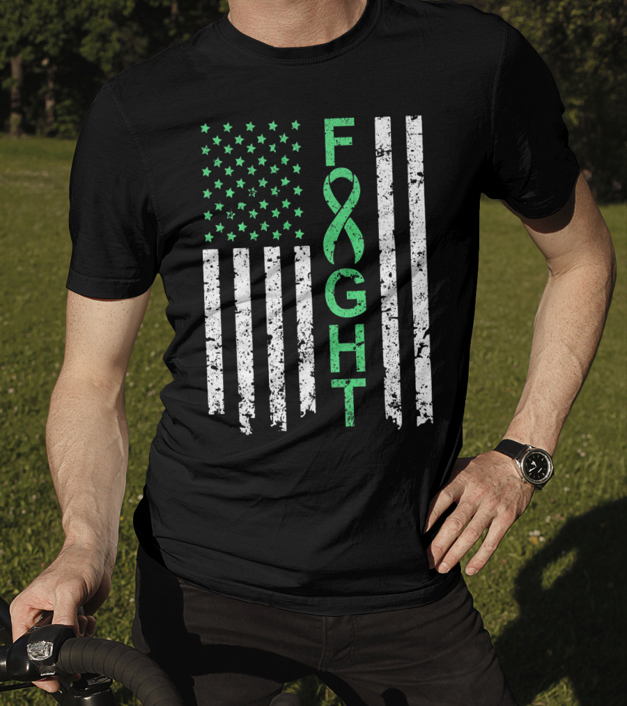 Liver Cancer Awareness Green Ribbon Fight American Flag T-Shirt