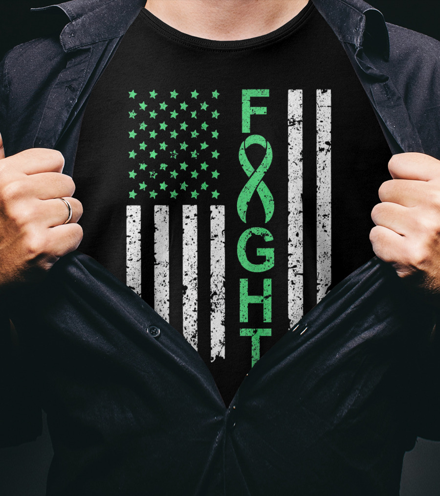 Liver Cancer Awareness Green Ribbon Fight American Flag T-Shirt