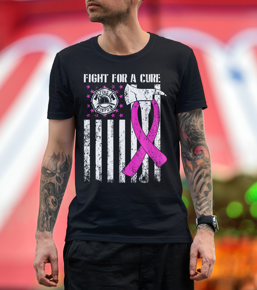 Fight for a Cure Fire Dept Pink Ribbon Axe Flag T-Shirt