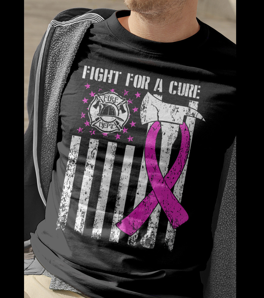 Fight For A Cure Fire Dept Pink Ribbon Axe Flag T-Shirt