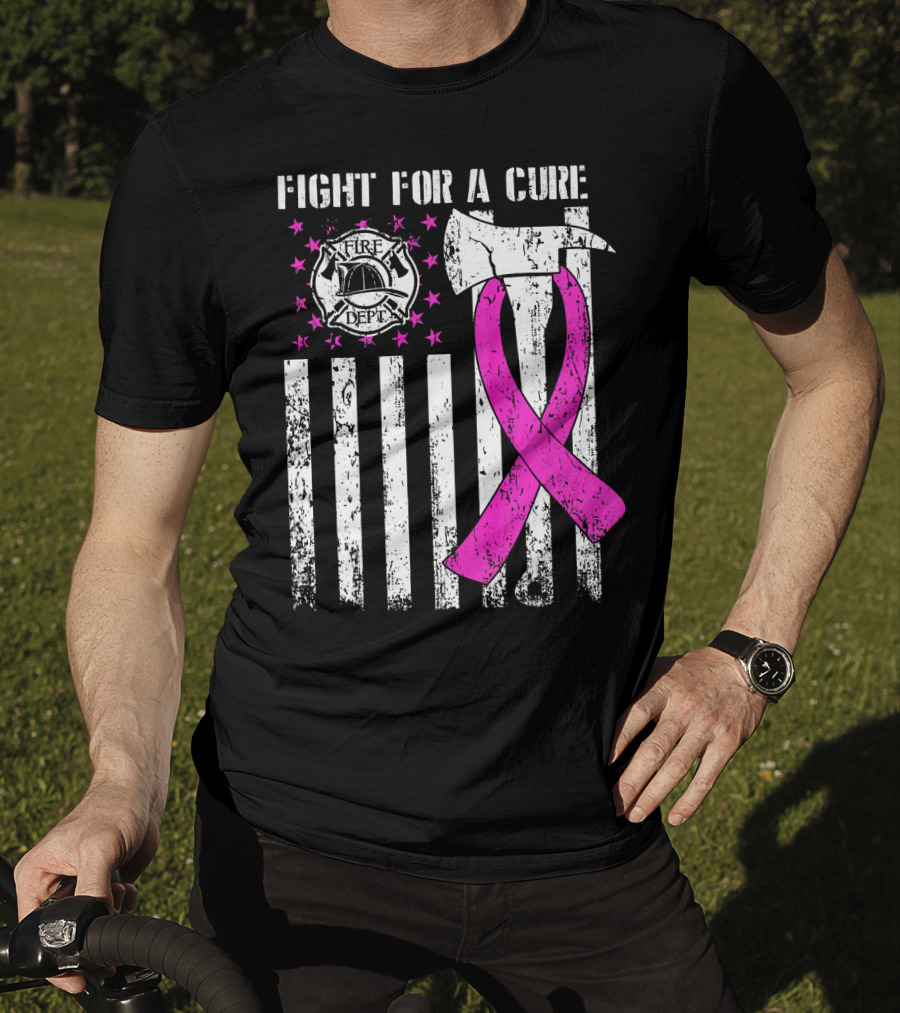 Fight For A Cure Fire Dept Pink Ribbon Axe Flag T-Shirt