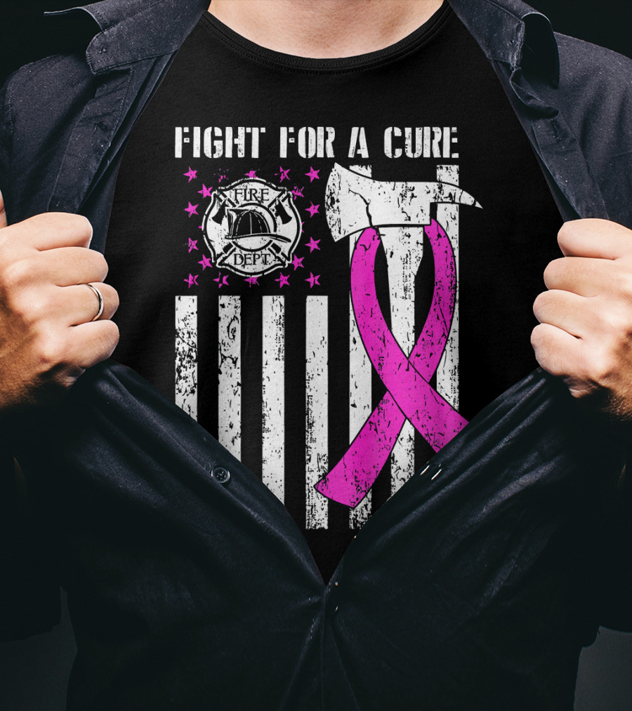 Fight For A Cure Fire Dept Pink Ribbon Axe Flag T-Shirt