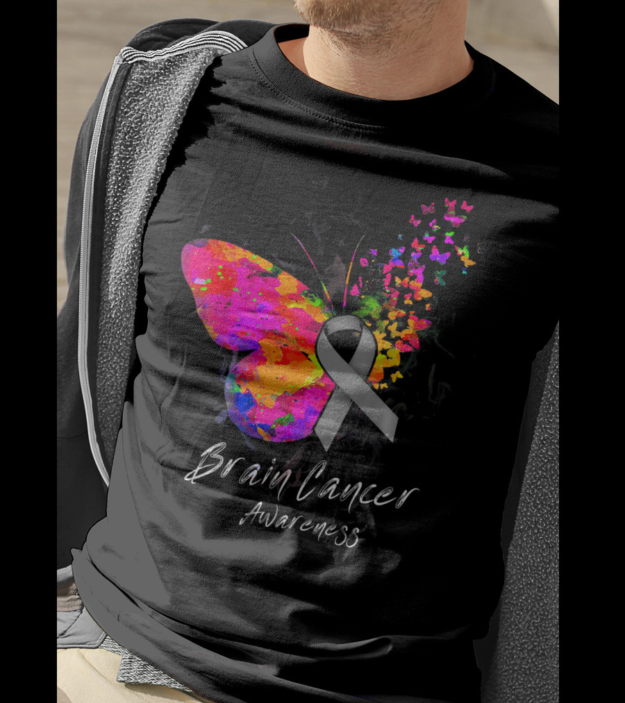 Brain Cancer Awareness Butterfly With Gray Ribbon And Colorful Wing Motif T-Shirt
