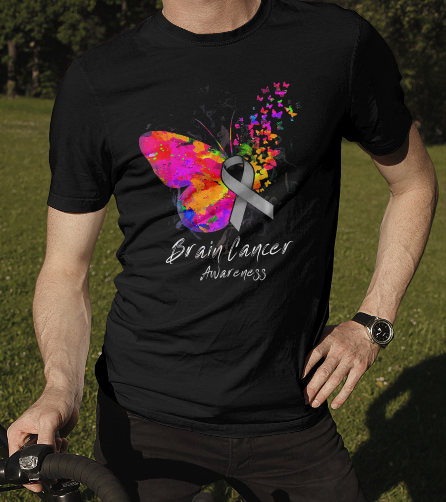 Brain Cancer Awareness Butterfly With Gray Ribbon And Colorful Wing Motif T-Shirt