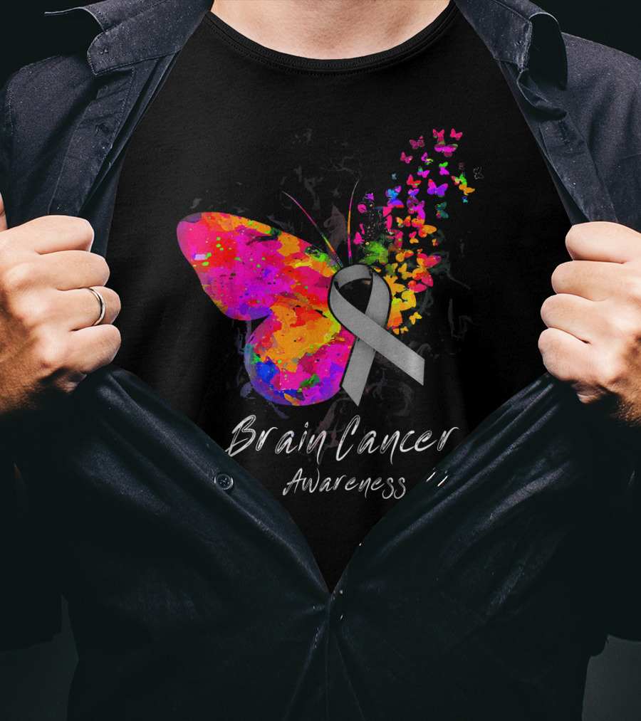 Brain Cancer Awareness Butterfly With Gray Ribbon And Colorful Wing Motif T-Shirt