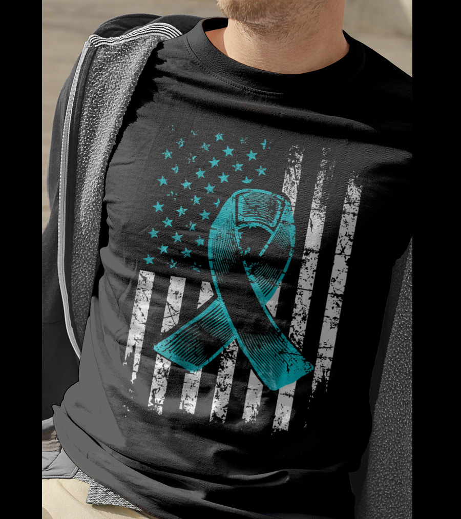 Fighting Flag Ovarian Cancer Awareness With Teal Ribbon And American T-Shirt