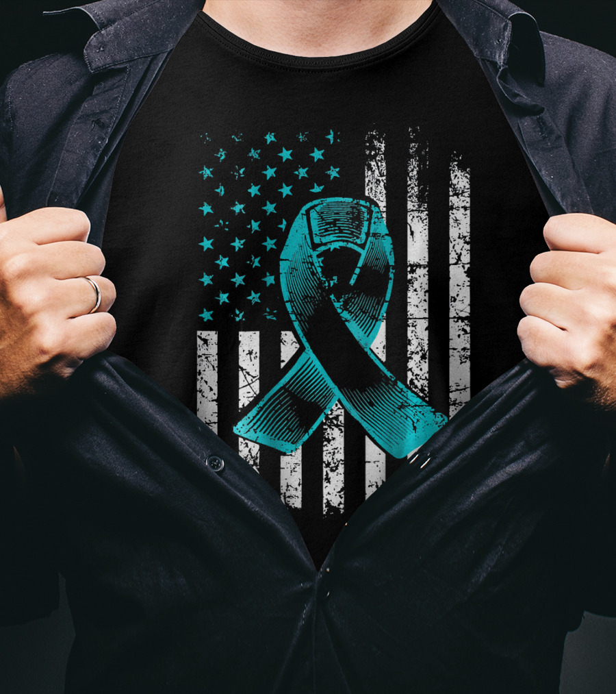 Fighting Flag Ovarian Cancer Awareness With Teal Ribbon And American T-Shirt