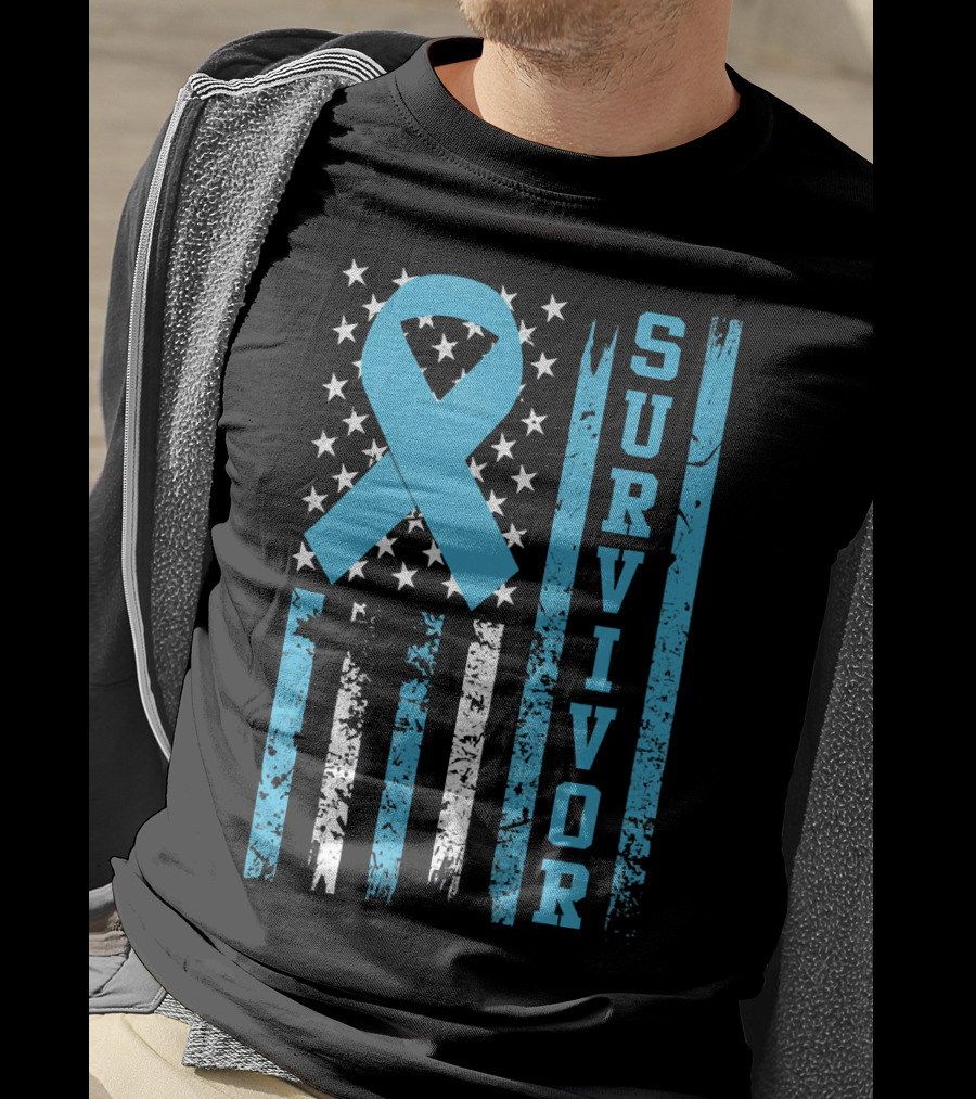 Survivor Blue Ribbon American Flag Prostate Cancer T-Shirt