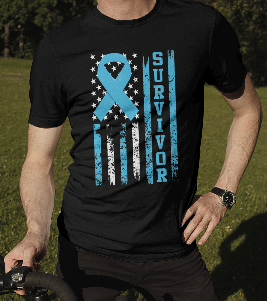 Survivor Blue Ribbon American Flag Prostate Cancer T-Shirt