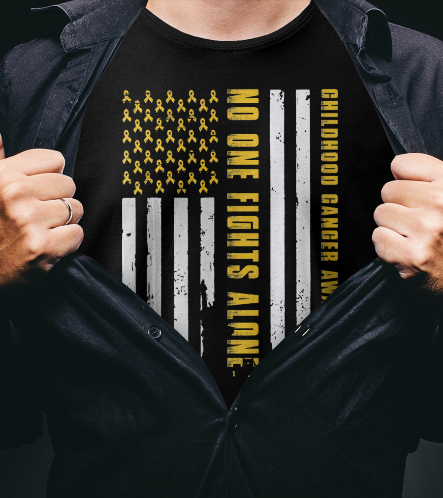 No One Fights Alone USA Flag Childhood Cancer Awareness T-Shirt