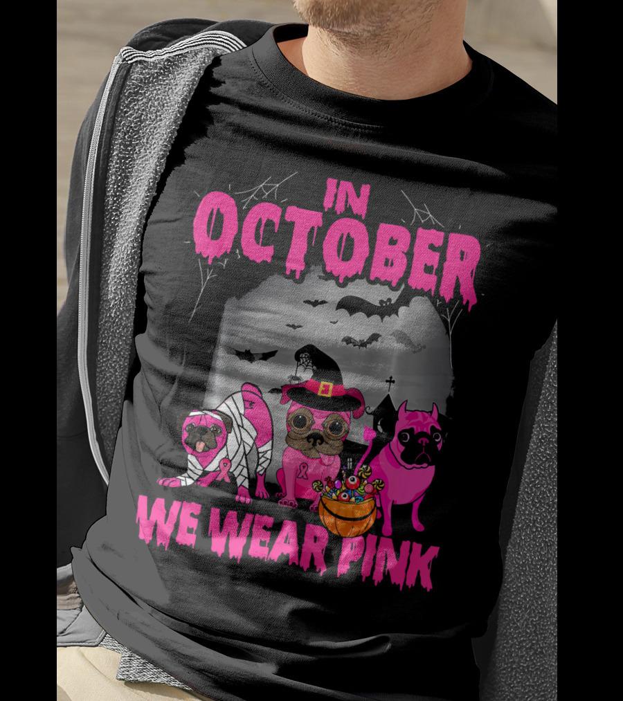 In October We Wear Pink Three Pugs Halloween Bats And Costumes T-Shirt
