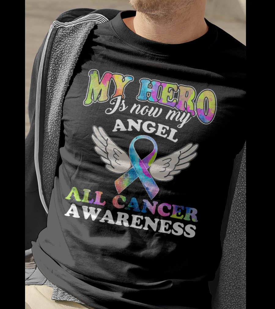 My Hero Is Now My Angel All Cancer Awareness Ribbon With Wings T-Shirt
