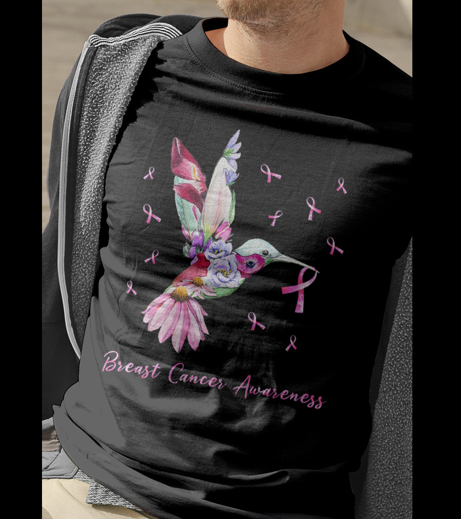 Breast Cancer Awareness Pink Ribbon Flower Hummingbird T-Shirt