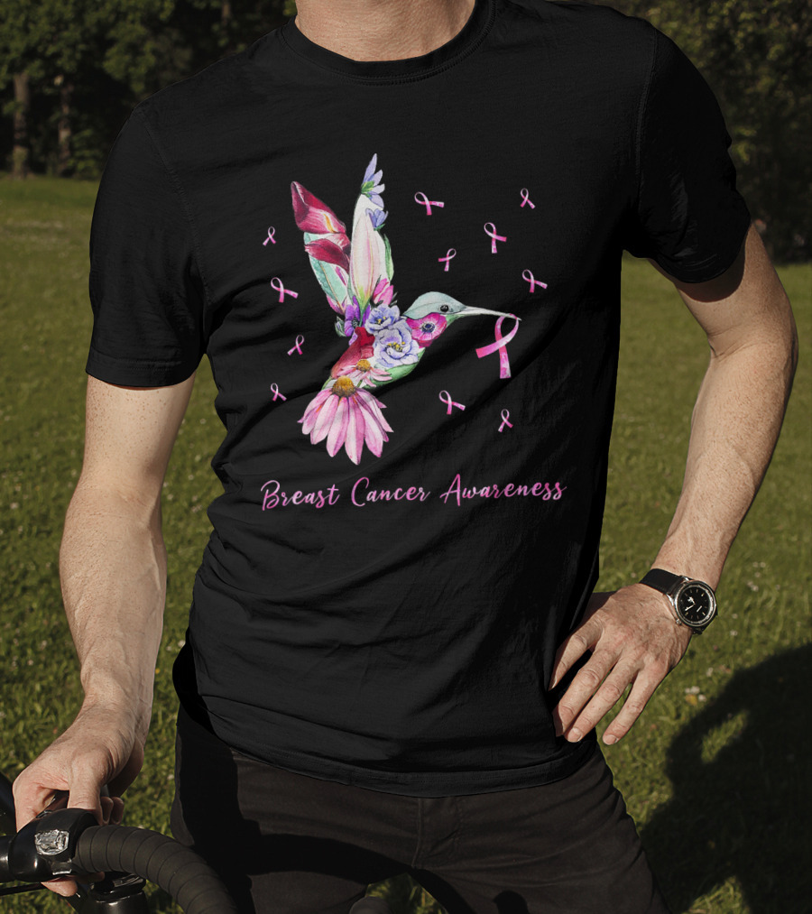 Breast Cancer Awareness Pink Ribbon Flower Hummingbird T-Shirt