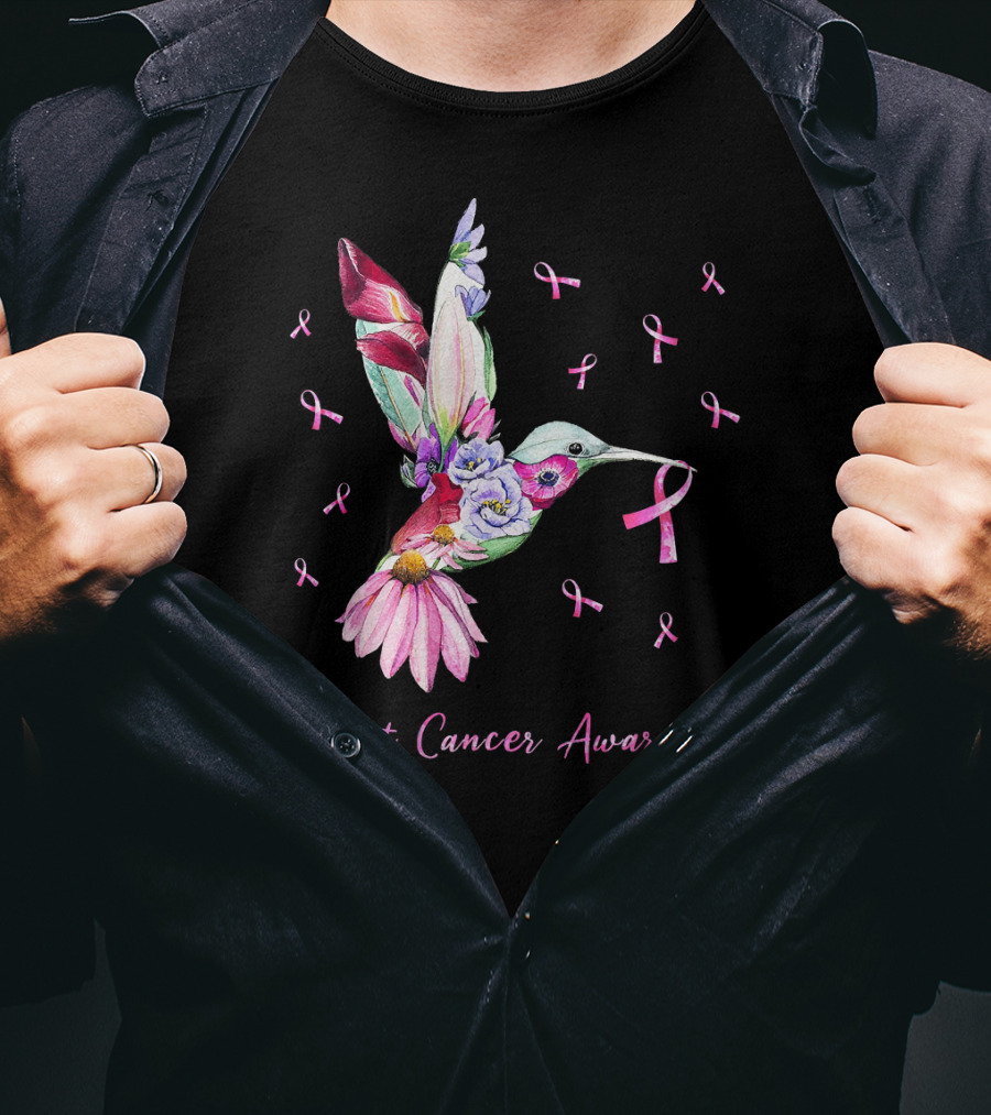 Breast Cancer Awareness Pink Ribbon Flower Hummingbird T-Shirt
