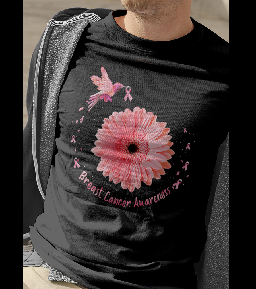 Hummingbird Pink Ribbon Breast Cancer Awareness Sunflower T-Shirt