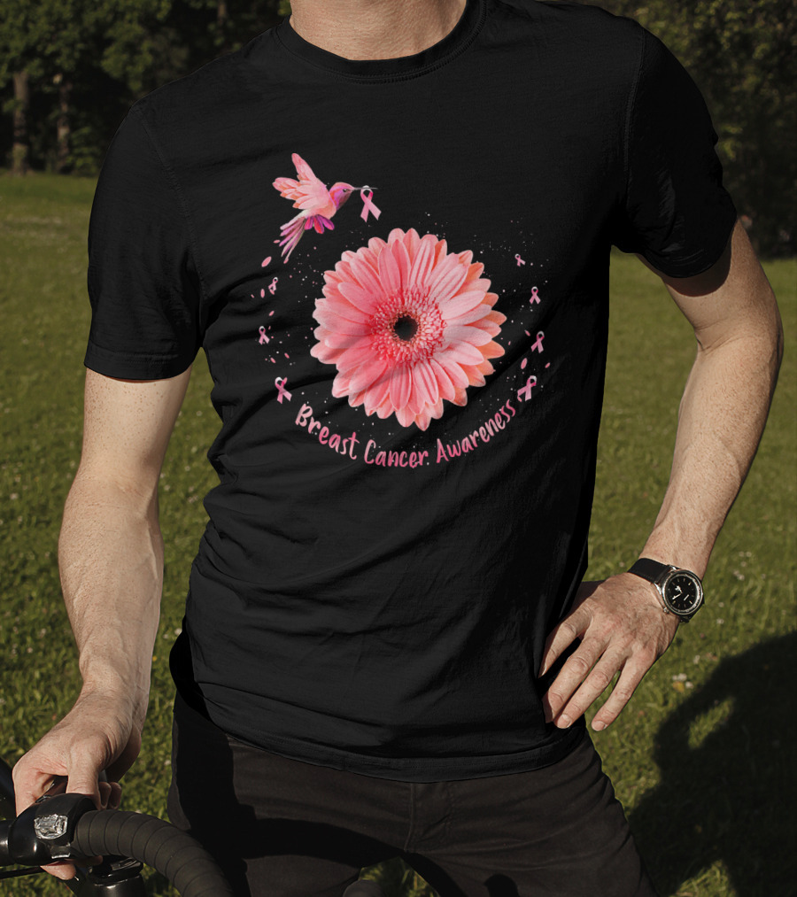 Hummingbird Pink Ribbon Breast Cancer Awareness Sunflower T-Shirt