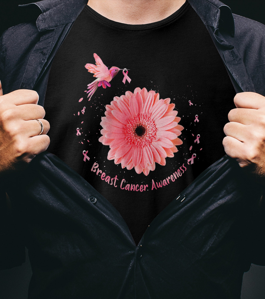 Hummingbird Pink Ribbon Breast Cancer Awareness Sunflower T-Shirt