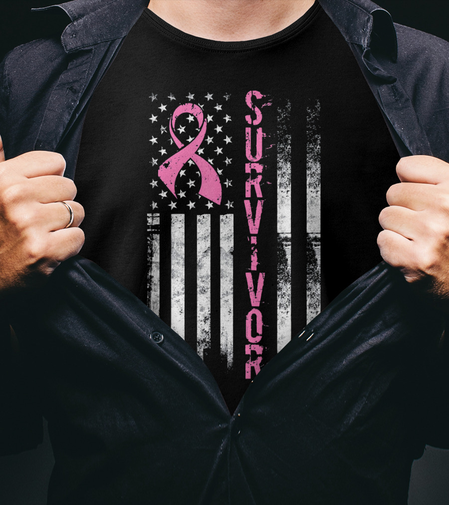 Breast Cancer Survivor Pink Ribbon American Flag T-Shirt