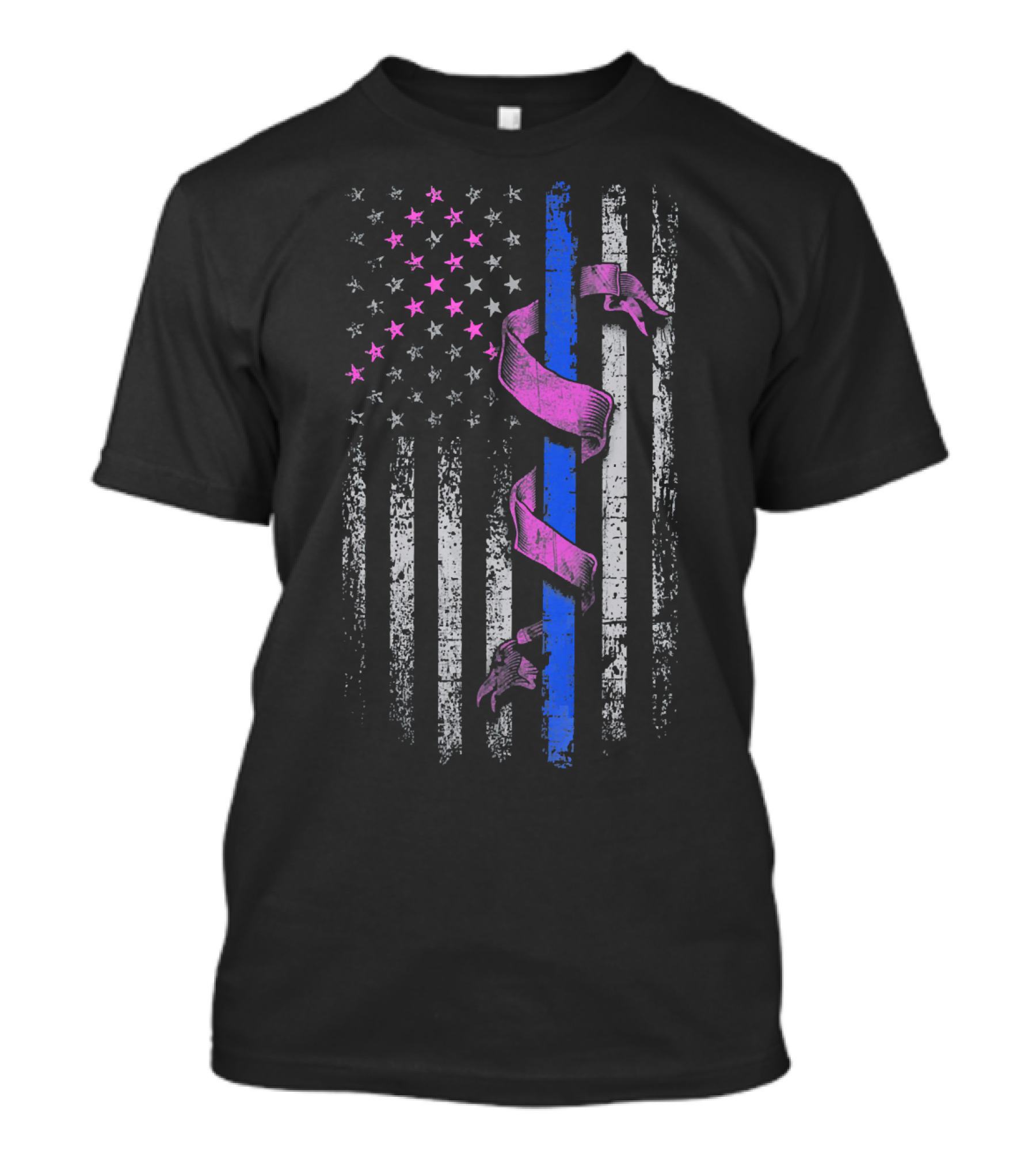 Thin Blue Line Pink Ribbon American Flag Breast Cancer Awareness T-Shirt