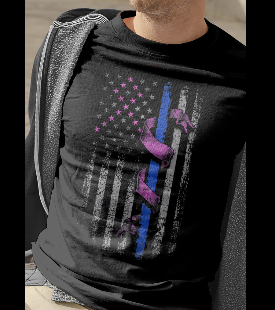 Thin Blue Line Pink Ribbon American Flag Breast Cancer Awareness T-Shirt