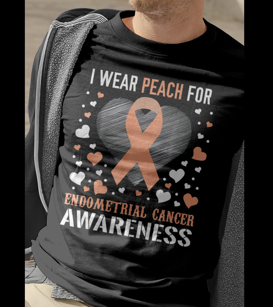 I Wear Peach For Endometrial Cancer Awareness Ribbon Heart T-Shirt
