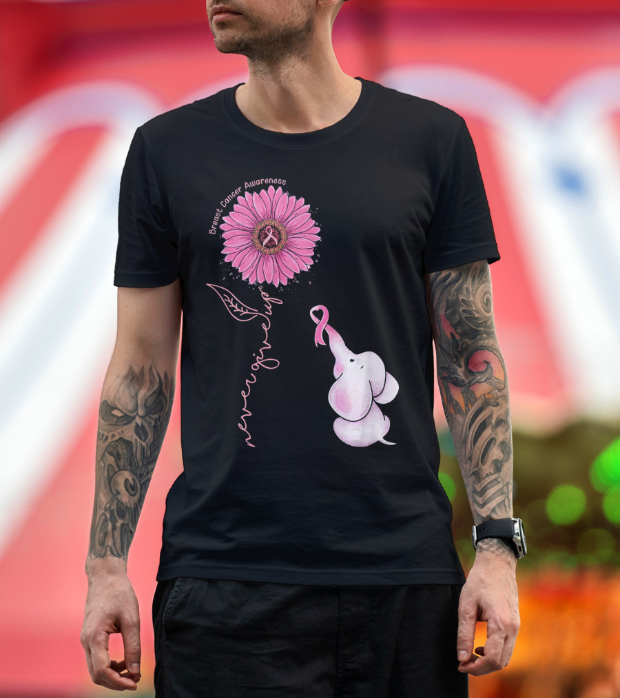 Breast Cancer Awareness Never Give Up Pink Ribbon Sunflower Elephant T-Shirt