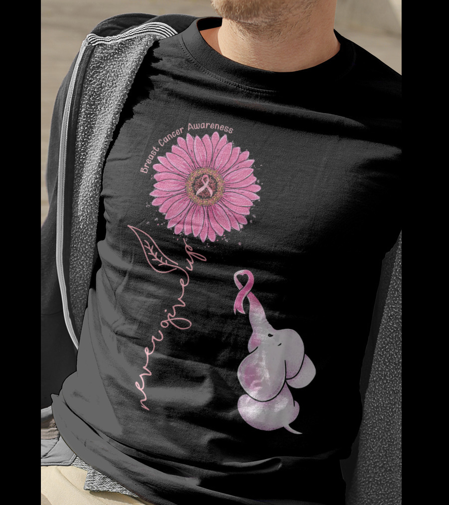Breast Cancer Awareness Never Give Up Pink Ribbon Sunflower Elephant T-Shirt