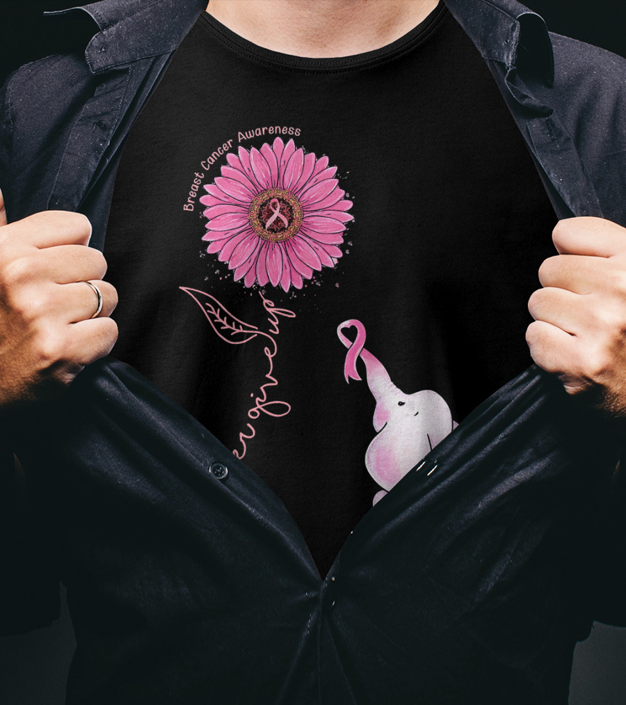 Breast Cancer Awareness Never Give Up Pink Ribbon Sunflower Elephant T-Shirt