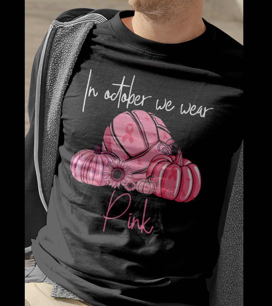 In October We Wear Pink Volleyball Pumpkins With Ribbons T-Shirt