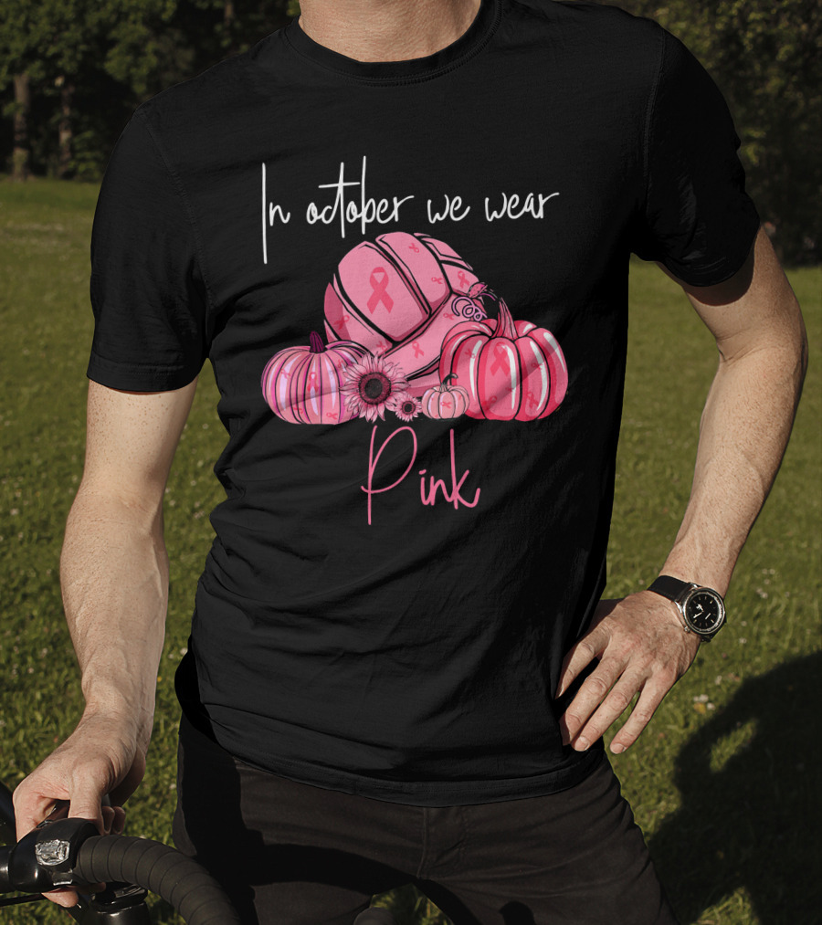 In October We Wear Pink Volleyball Pumpkins With Ribbons T-Shirt