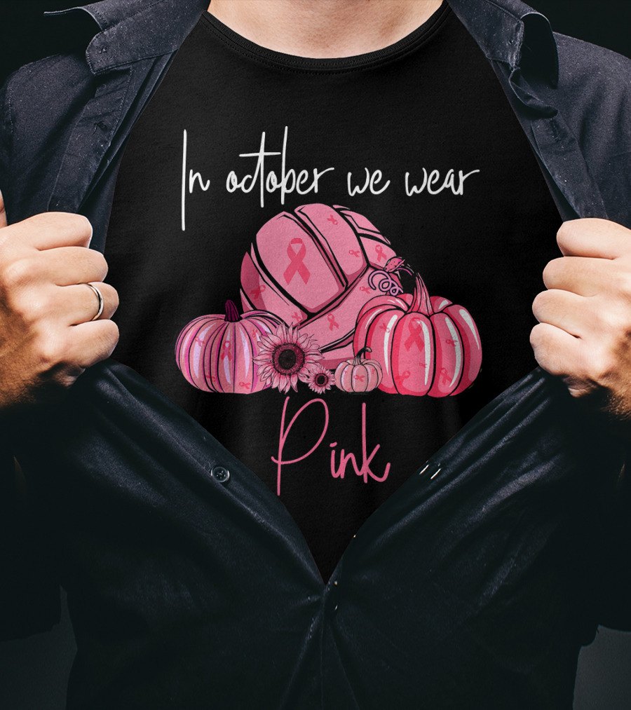 In October We Wear Pink Volleyball Pumpkins With Ribbons T-Shirt
