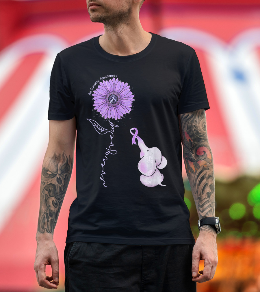 Never Giving Up All Cancers Awareness Sunflower Elephant T-Shirt