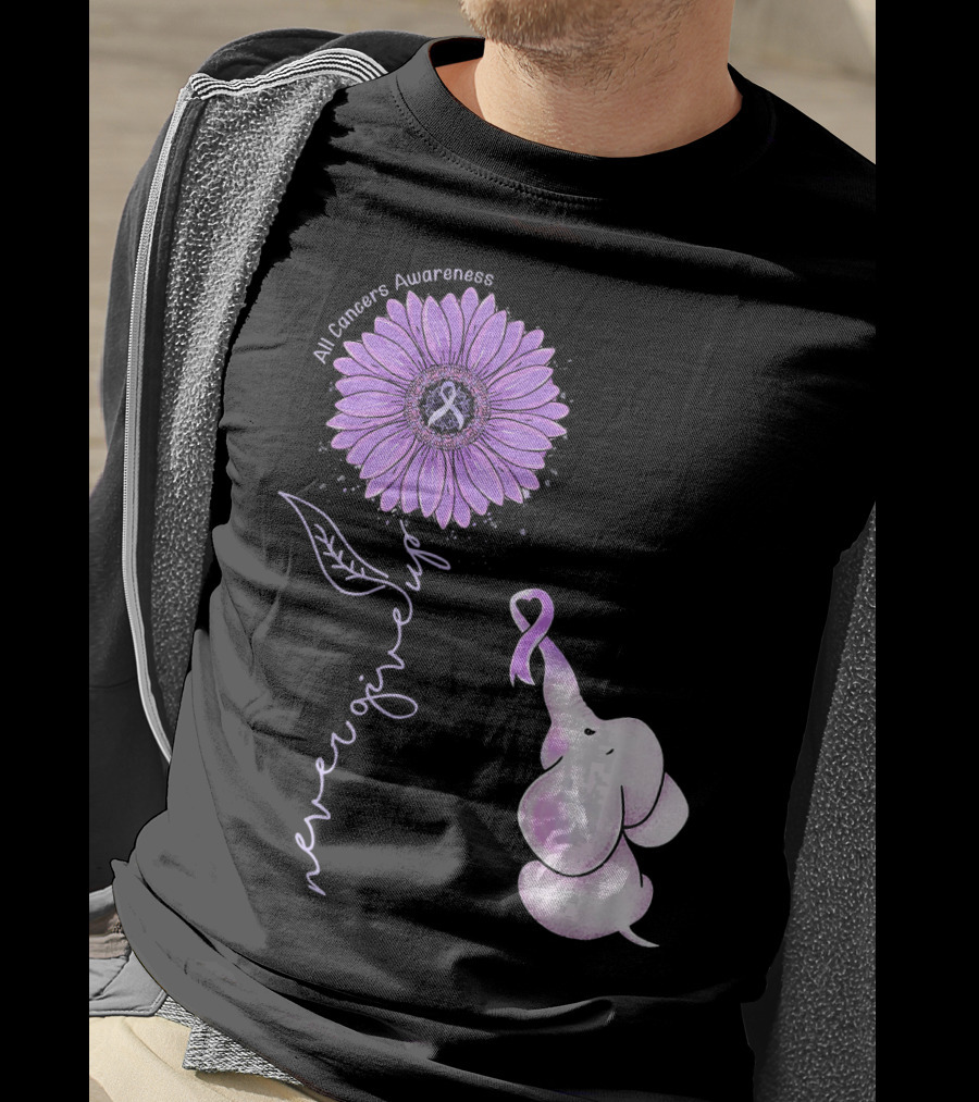 Never Giving Up All Cancers Awareness Sunflower Elephant T-Shirt