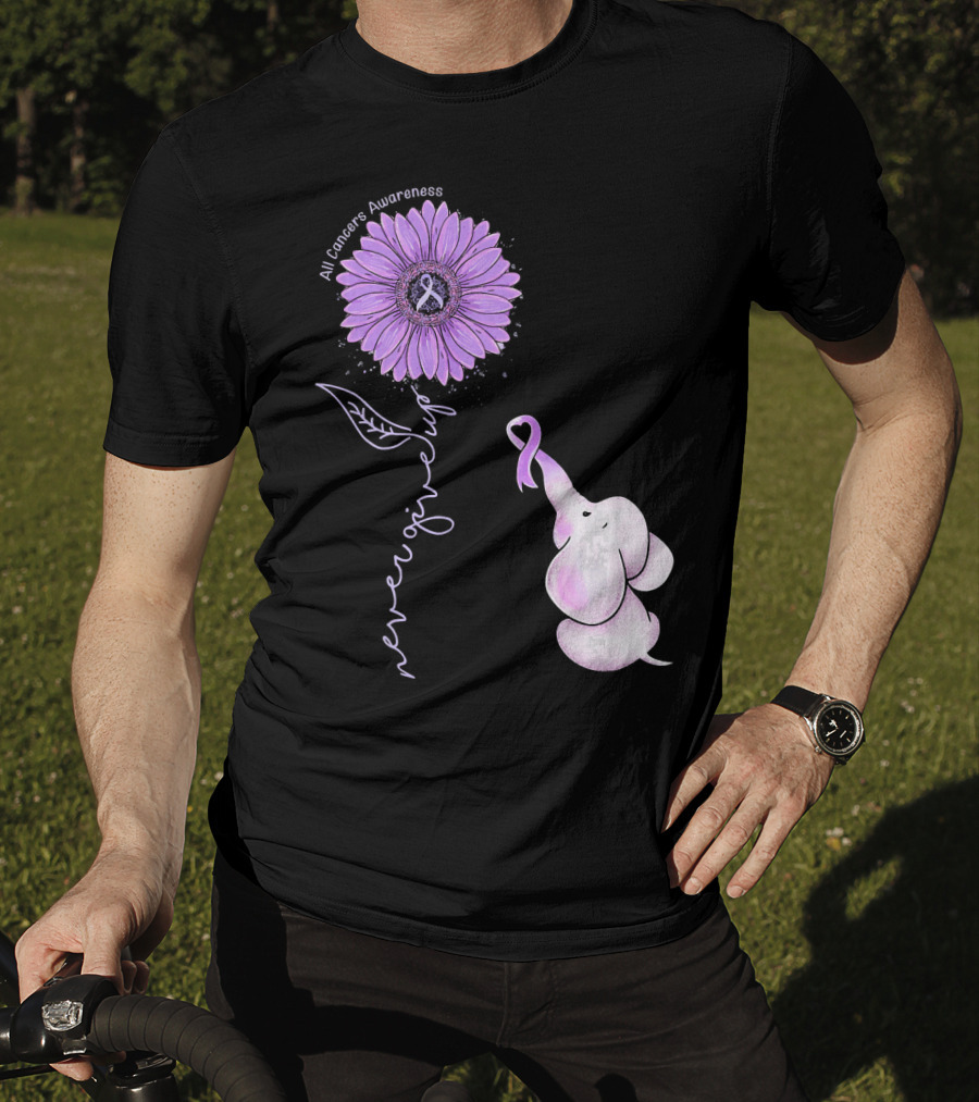 Never Giving Up All Cancers Awareness Sunflower Elephant T-Shirt