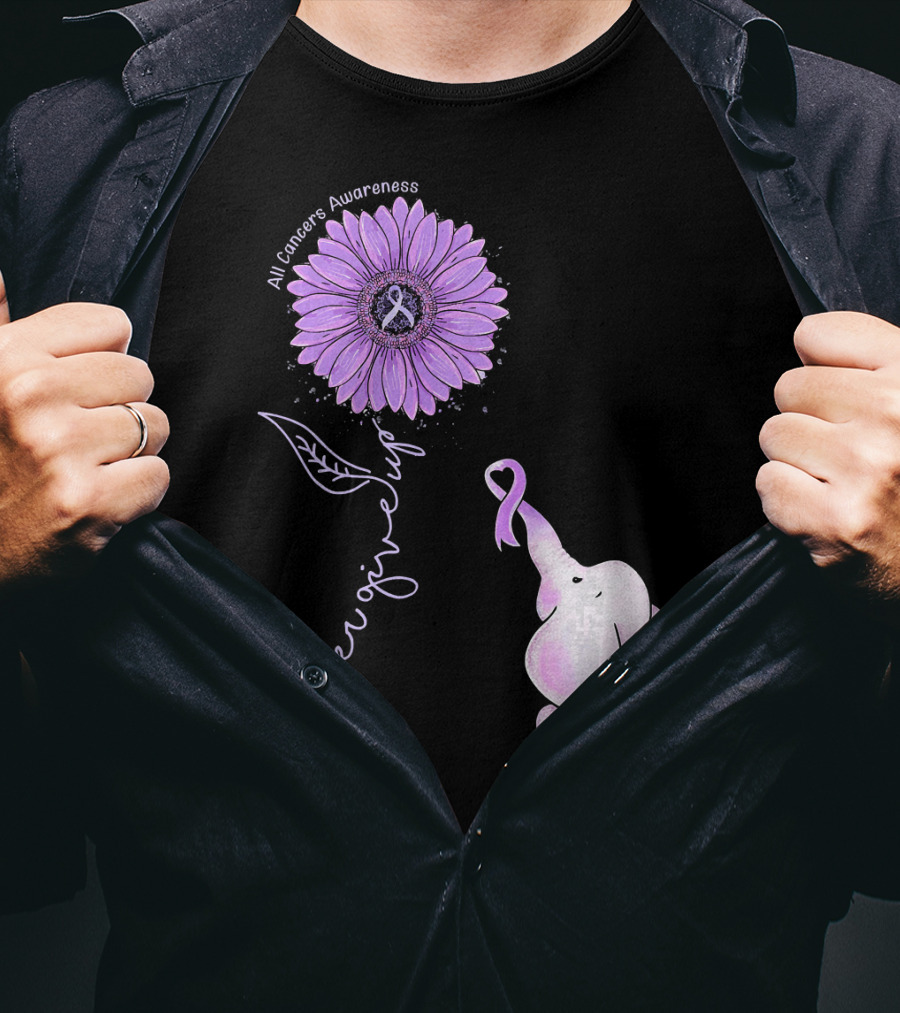 Never Giving Up All Cancers Awareness Sunflower Elephant T-Shirt