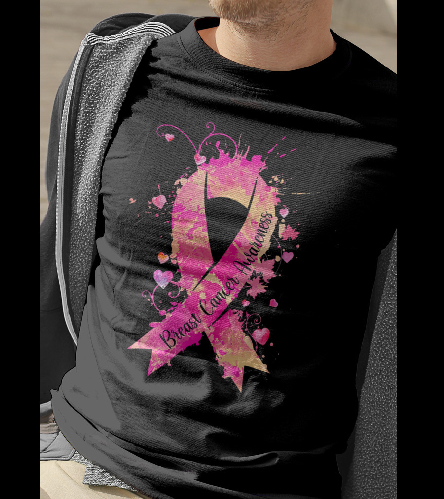 Breast Cancer Awareness Pink Ribbon Hearts And Splash T-Shirt