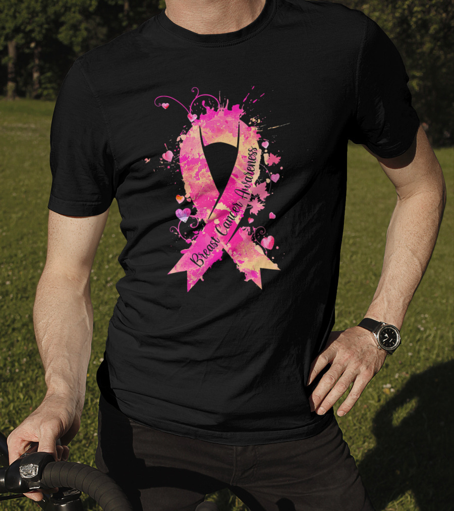 Breast Cancer Awareness Pink Ribbon Hearts And Splash T-Shirt
