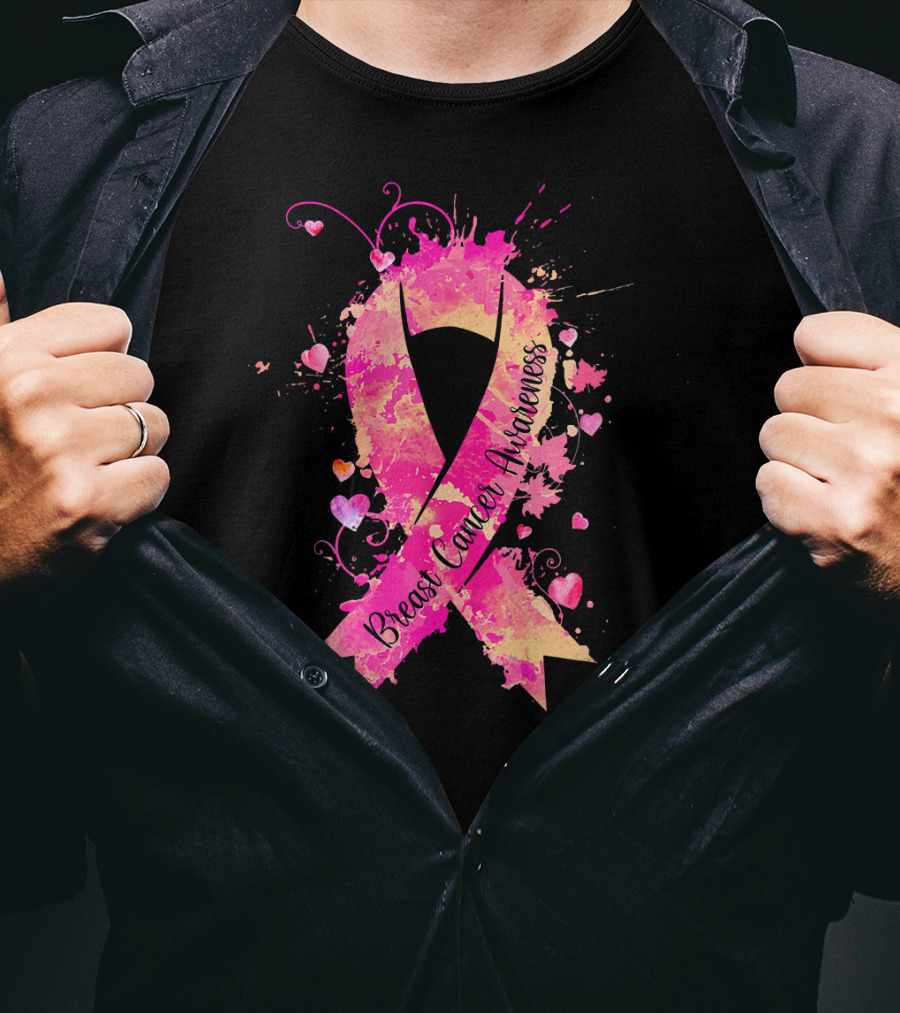 Breast Cancer Awareness Pink Ribbon Hearts And Splash T-Shirt