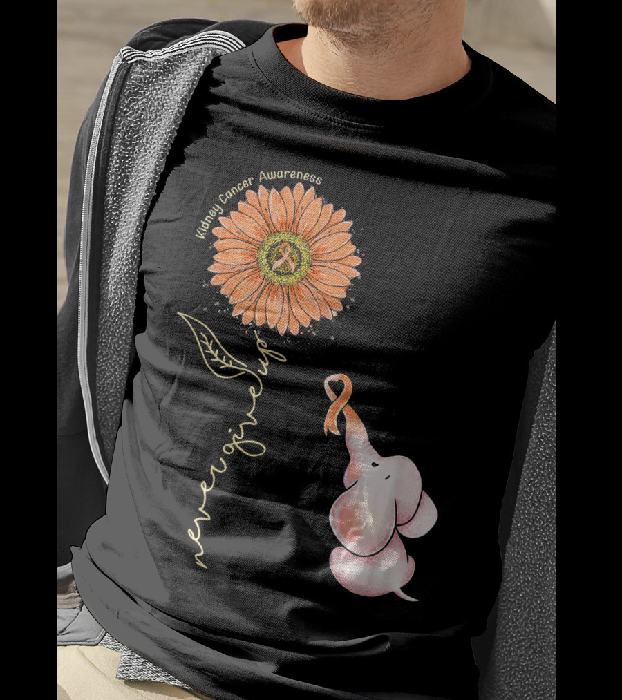 Kidney Cancer Awareness Sunflower Elephant Never Give Up T-Shirt