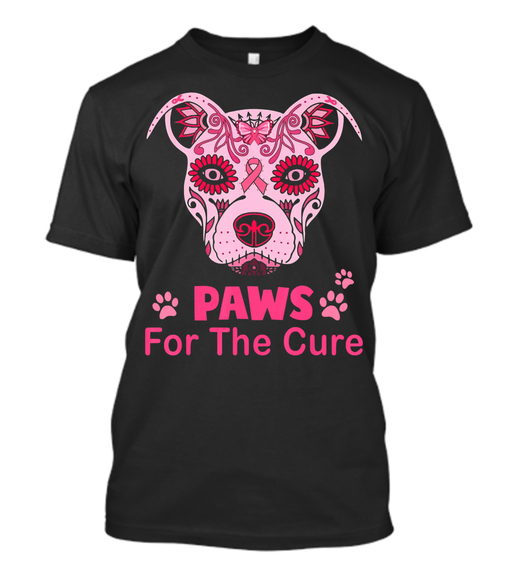 Paws For The Cure Breast Cancer Awareness Pitbull Sugar Skull T-Shirt