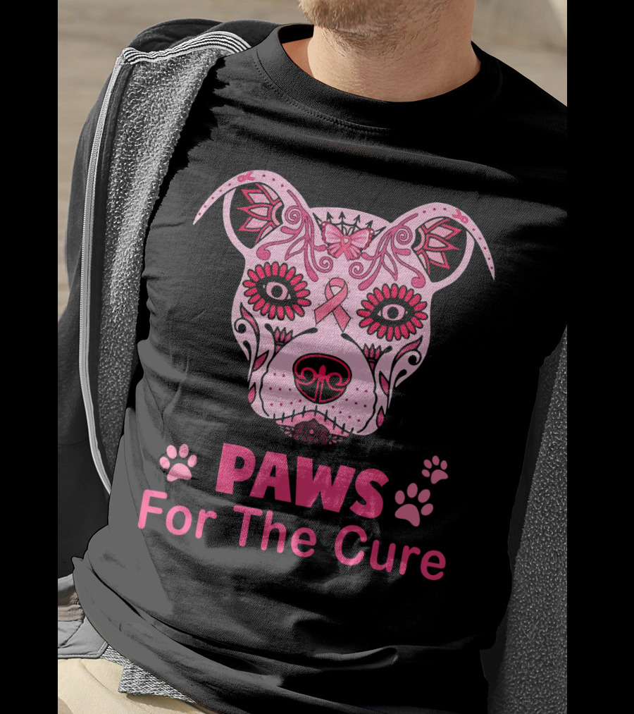 Paws For The Cure Breast Cancer Awareness Pitbull Sugar Skull T-Shirt