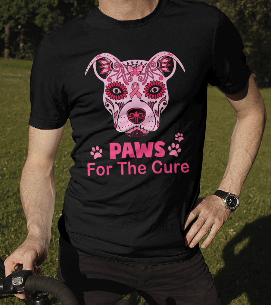 Paws For The Cure Breast Cancer Awareness Pitbull Sugar Skull T-Shirt