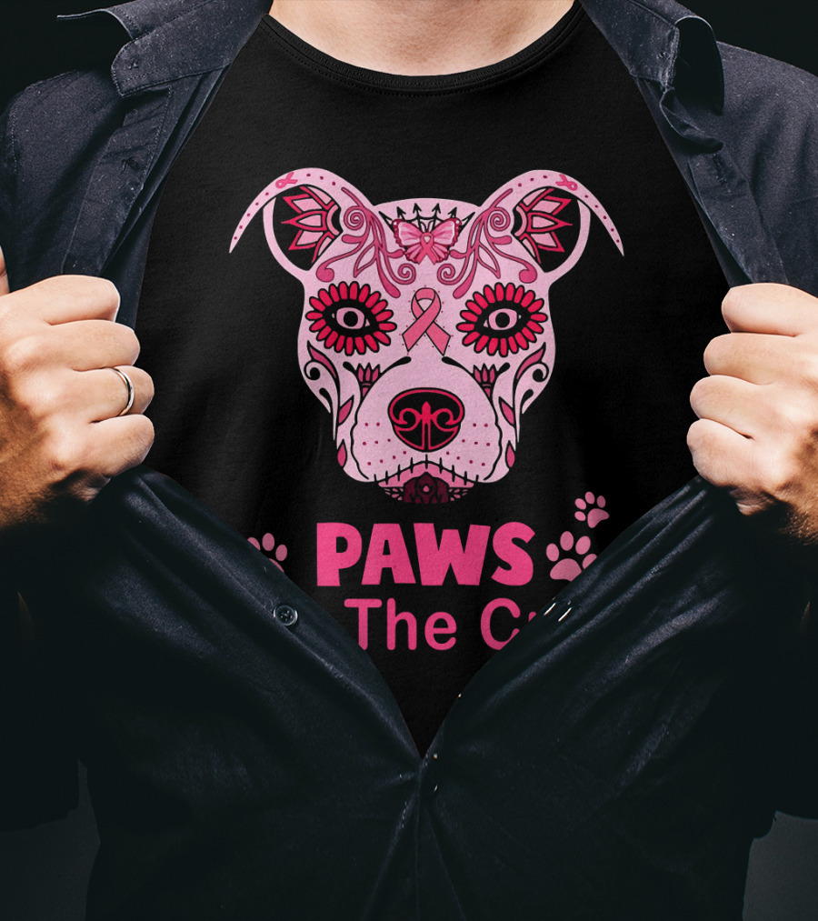 Paws For The Cure Breast Cancer Awareness Pitbull Sugar Skull T-Shirt