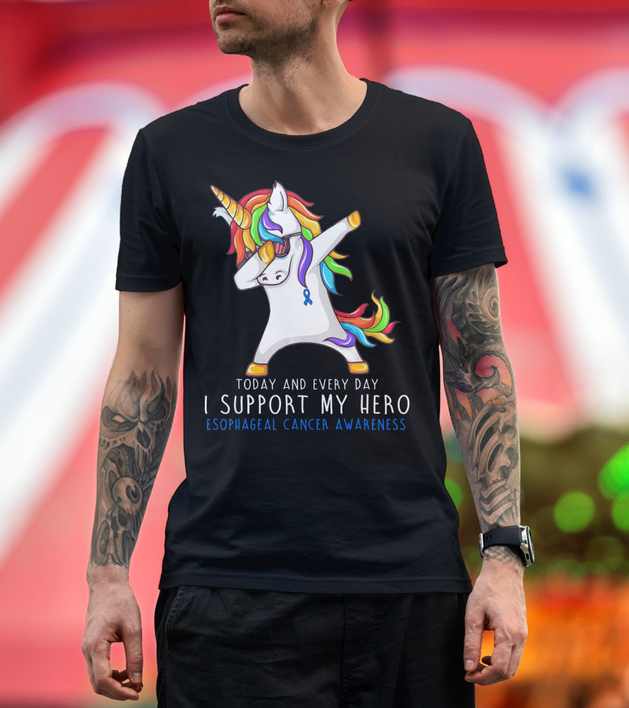 Today and Every Day I Support My Hero Esophageal Cancer Awareness Rainbow Unicorn T-Shirt