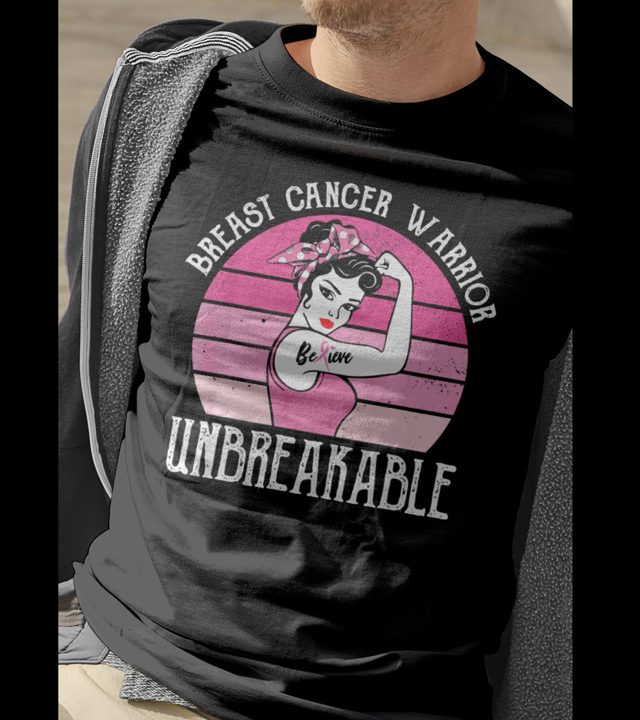 Breast Cancer Warrior Believe Unbreakable Retro Sunset T-Shirt