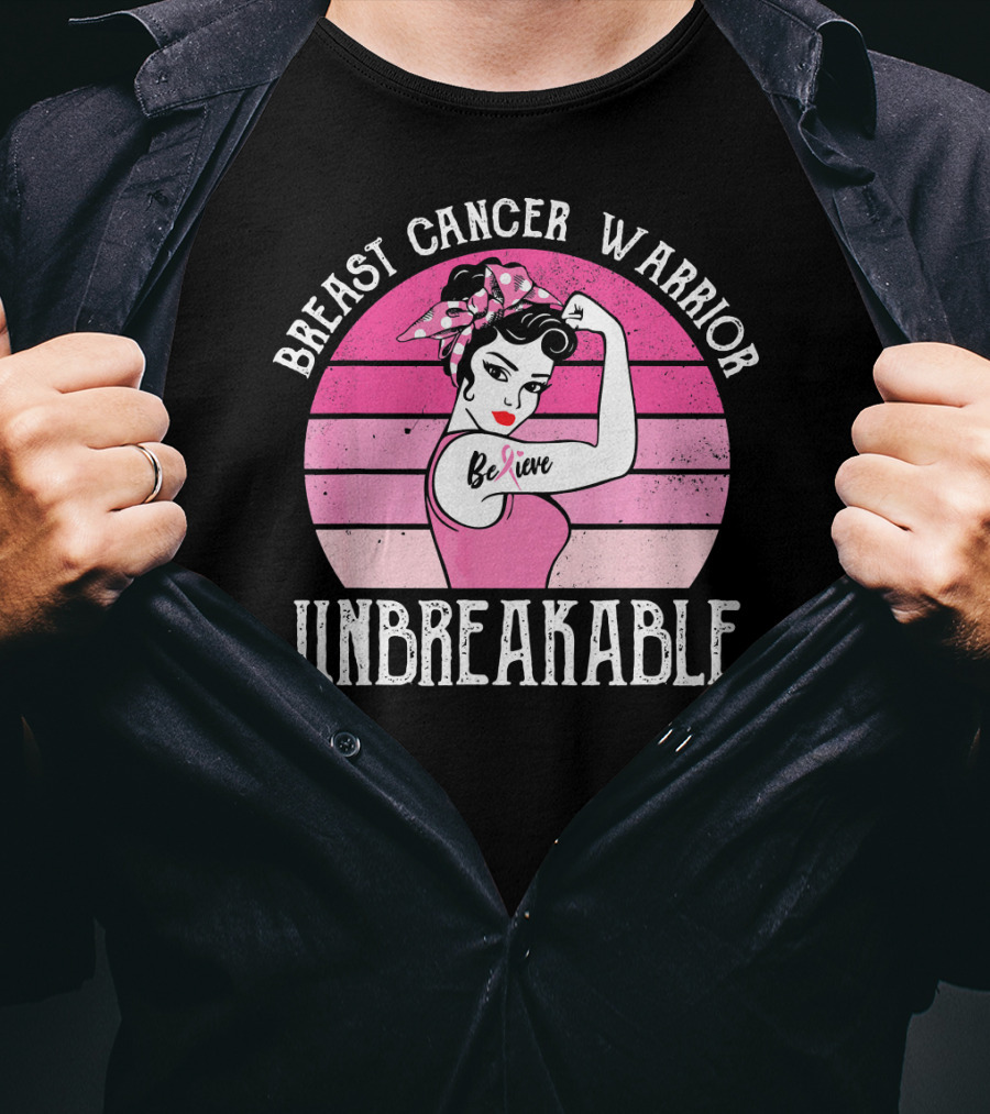 Breast Cancer Warrior Believe Unbreakable Retro Sunset T-Shirt